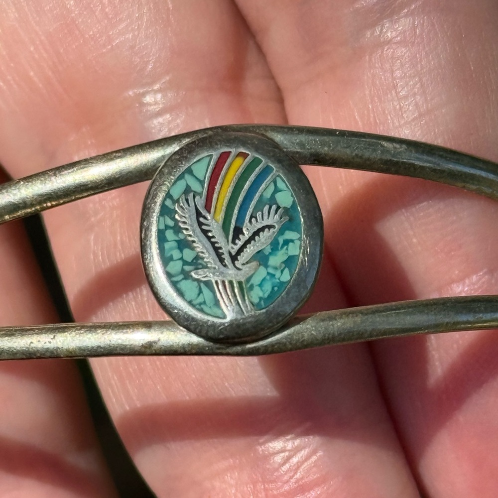70s Silver Cuff Bracelet with Crushed Turquoise Inlay and Enamel Rainbow & Eagle